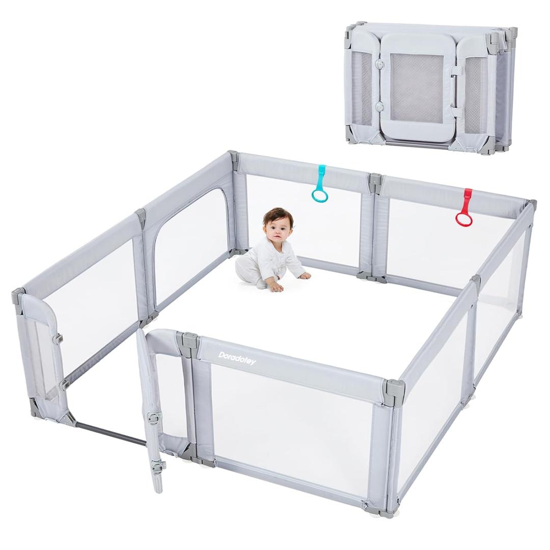 Baby Playpen with Door, Foldable Adjustable Play Pen for Babies and Toddlers,Heavy-Duty Play Yard Fence Play Area, Large Toddler Playpen, Light Grey (79x71x27in)