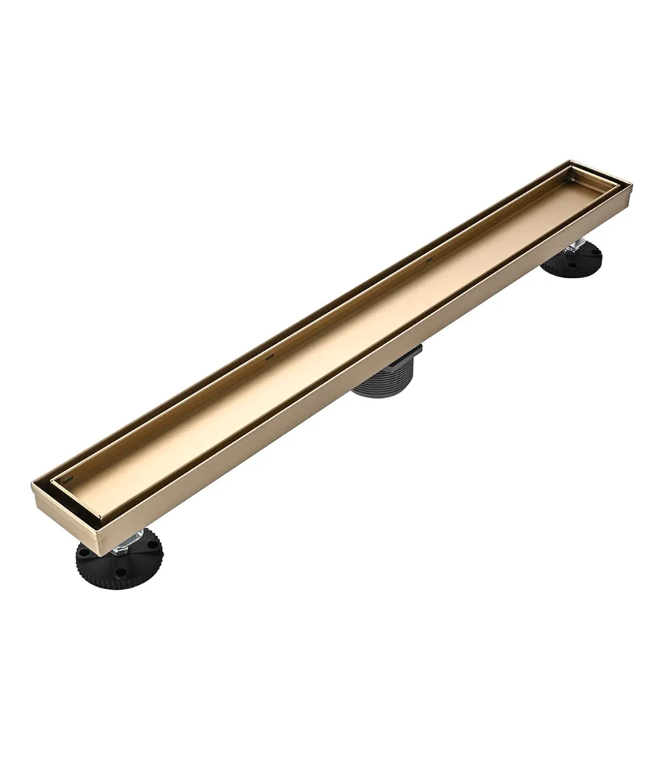 Linear Shower Floor Drain, Brushed Gold 24 Inch 304 Stainless Steel Bathroom Drains Kit, Rectangular Shower Trench Drain with Reversable Tile-in Pattern Drain Cover & Hair Catcher