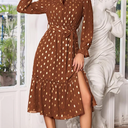 GRACE KARIN Women's Long Sleeve Midi A Line Dress Gold Dot Round Neck Ruffle Tiered Belt Wedding Guest Dress with Slit
, Size 2XL