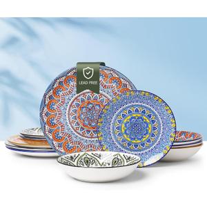 Ceramic Dinnerware 12 Pieces Dinner Set,Plates Pasta Bowls Cereal Bowls Reactive Change Glaze Dish Sets, Modern Stoneware Dishe Bohemian colors (Bohemia)