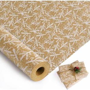 KESTAR Christmas Wrapping Paper Roll, Brown Kraft Christmas Wrapping Paper with White Pine Branch Design, Retro Classic Gift Wrapping Paper for Xmas New Year Winter Holiday, 17 Inch x 49 Feet