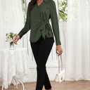 Women Satin Silk Blouse Wrap Tie Knot Front V Neck Long Sleeve Shirt Casual Office Work Tunic Pullover Top (S)
