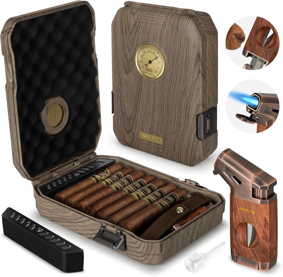 Travel Cigar Humidor Case - Cedar Lined, V Cut Cutter, Portable Humidor with Humidifier & Hygrometer, Holds 7-9 Cigars, Includes Lighter - Gift Set (Dark wood)