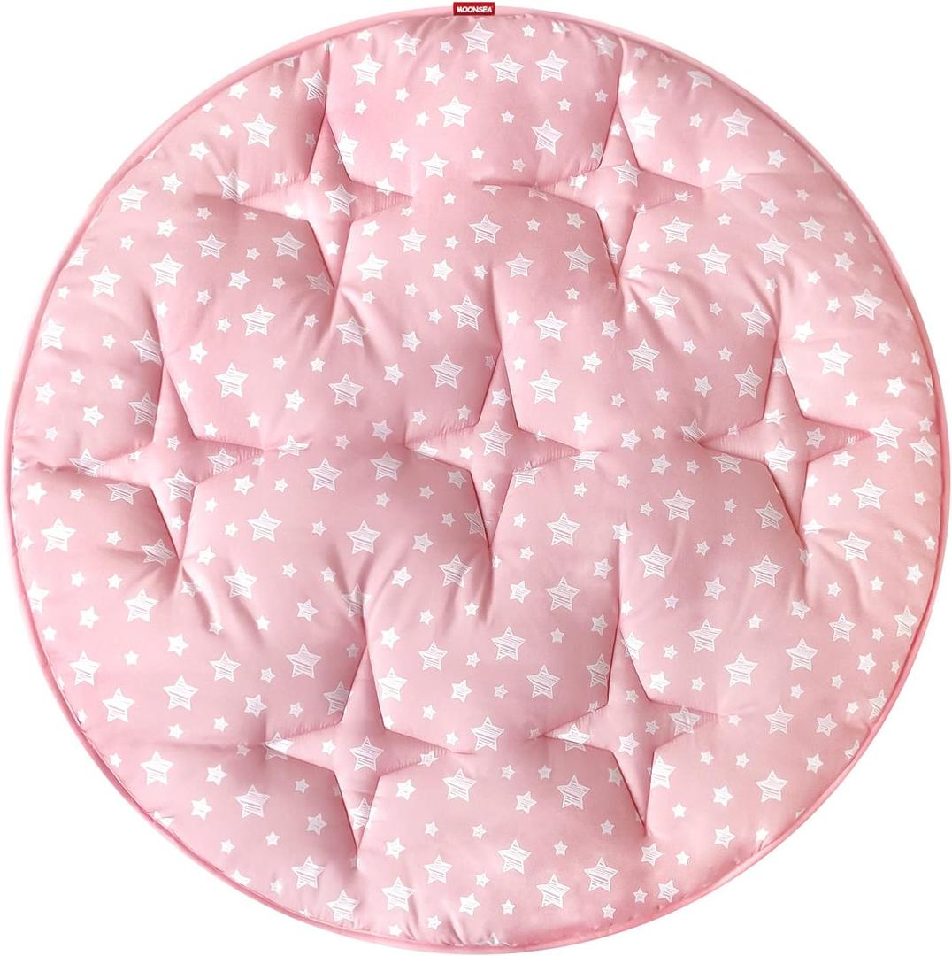 Moonsea Round Kids Play Mat Pink Star Nursery Rug for Baby Girl, Soft Crawling Non Slip Cushion Play Mat for Children Toddlers Bedroom and Princess Pop Up Play Tent, Diameter 40''