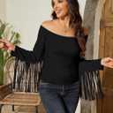 Fringe Tops for Women Western Cowgirl Off The Shoulder Fall Long Sleeve with Tassels Stretchy Crop Shirts Blouses (Black, XXL)