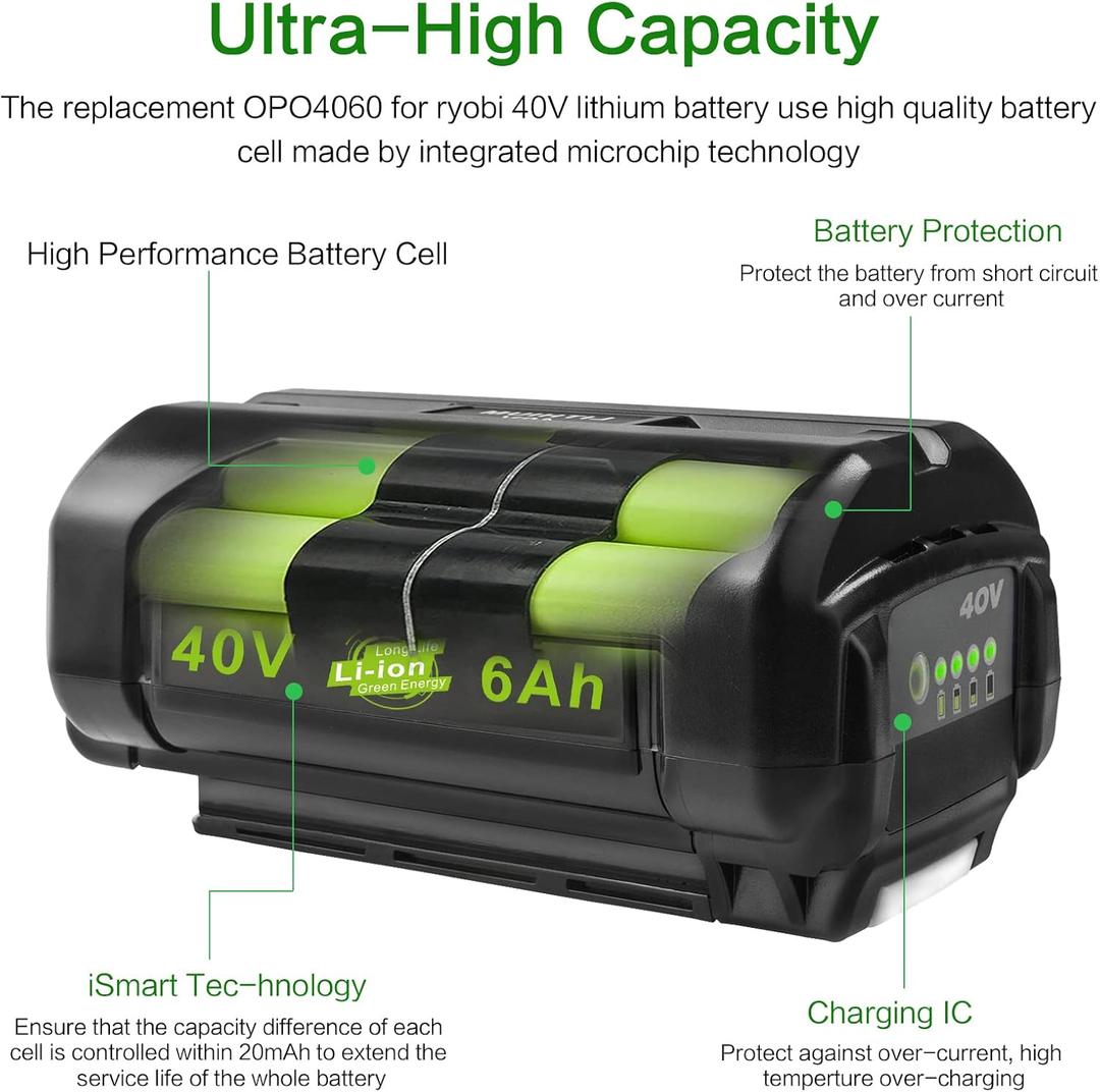 40V 6000mAh Lithium-ion Battery Replacement for Ryobi 40-Volt Collection Cordless Power Tools OP4040 OP4026 OP4030 OP4050 OP4060A Compatible with Ryobi 40V Battery