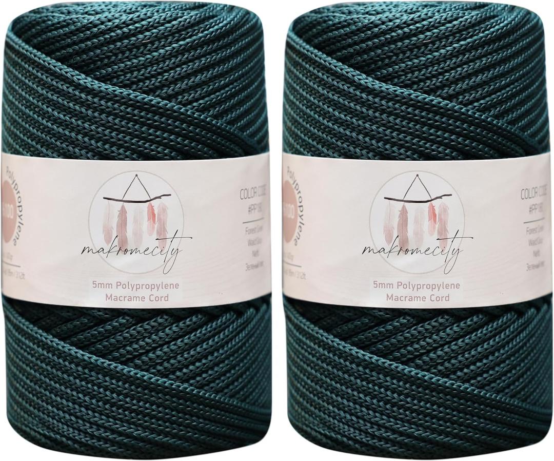 Makromecity, 2 Skeins of Polyester Macrame Cord 5mm x 104 Yards (311 feet) 5mm Polypropylene Forest Green Macrame Cord Crochet Macrame Bag Cord Crafts for Wall Hangings, Bags, Underplate, Rug