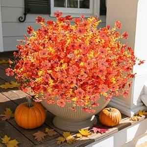 HyeFlora Artificial Fall Flowers Faux Mums for Outdoor Indoor Garden Home Decoration, Faux Flower Daisy with Eucalyptus Leaves Fake Plants Greenery Boxwood Porch Patio, 12 Bundles (Sunset)