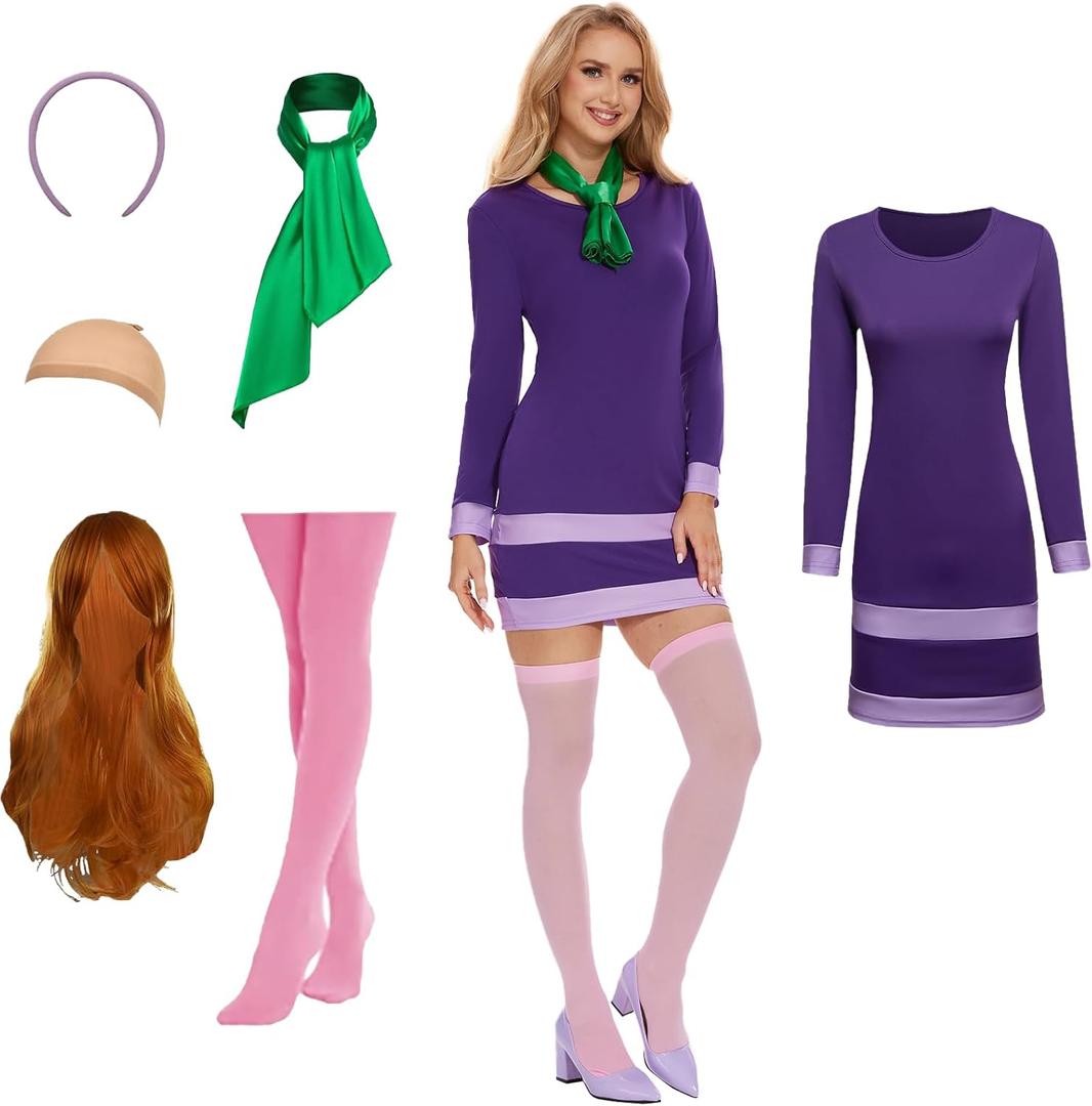 Halloween Costume Women Long Sleeve Adult Purple Dress with Wig Scarf Headband Socks (Small)