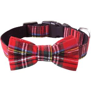 Malier Dog Collar with Bow tie, Christmas Classic Plaid Snowflake Dog Collar Holiday for Dogs Cats Pets (Scotland Red Plaid, Large)