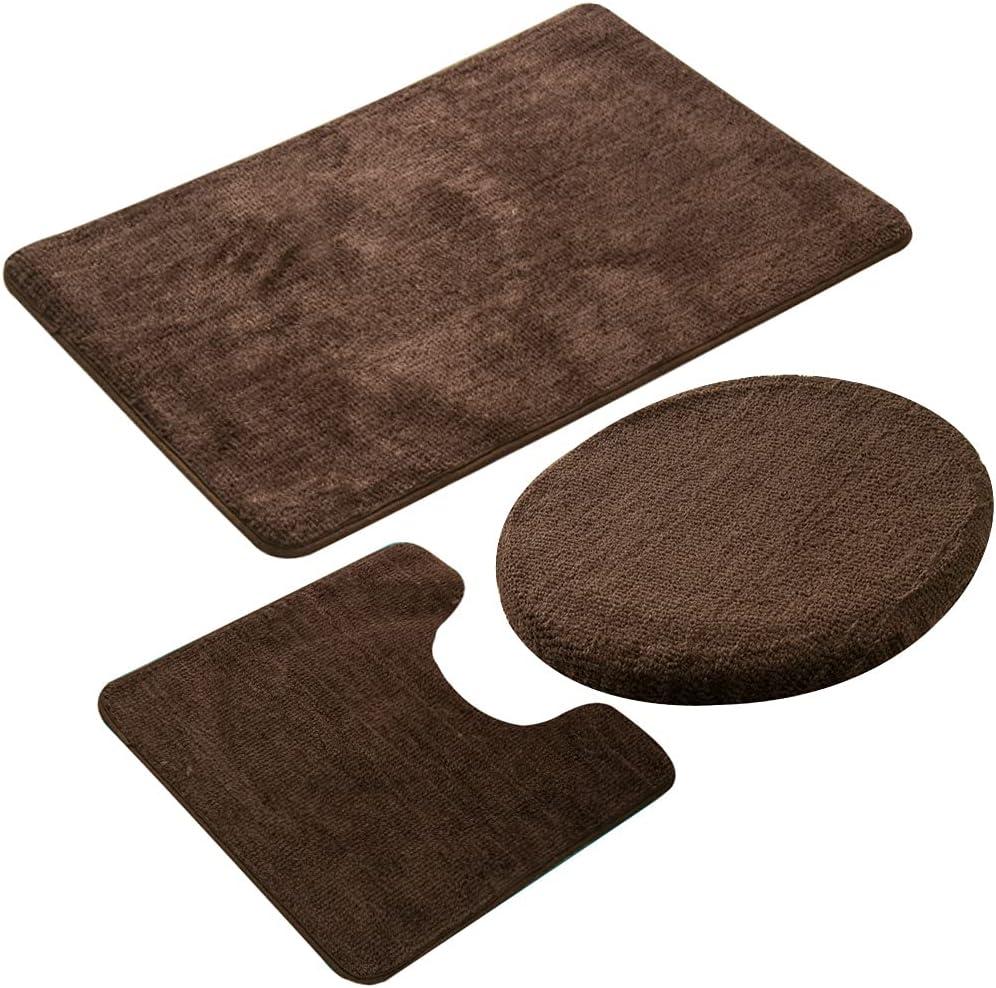 3 Pieces Bathroom Rug Set, Non-Slip Bath Mats for Floors, Ultra Soft Absorbent and Comfortable U-Shaped Contour Rug, Floor Mat and Toilet Lid Cover(Coffee)