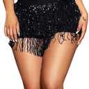 Tbahhir Women's Fringe Sequin 2 Piece Outfit Set Sexy Flowy Tassel Crop Top Shiny Mini Shorts Pants Clubwear (Large, Black)