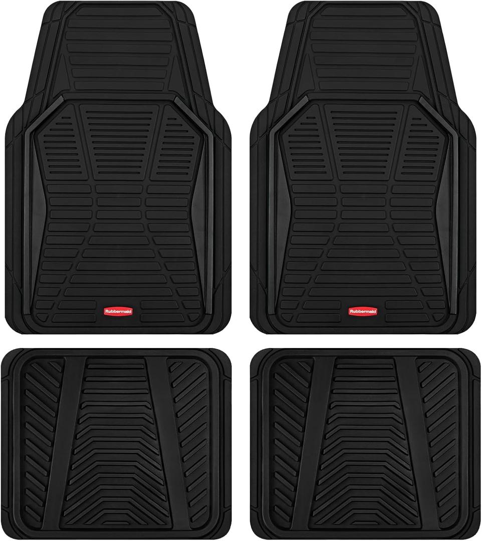 Rubbermaid Car Mat Full Set All-Weather Heavy-Duty 4 Pieces Trim-to-Fit Universal Car Mats Full Set Waterproof Rubber Floor Liners for Most Trucks, SUVs, Vans, and Sedans-Black