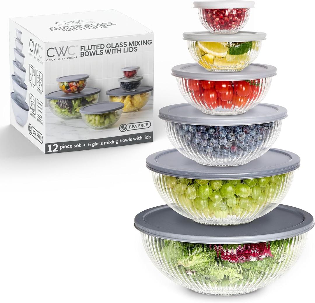 COOK WITH COLOR 12 Pc Glass Mixing Bowl Set with Lids Borosilicate Glass Nesting Bowls for Cooking, Baking and Meal Prep, Fluted Grey