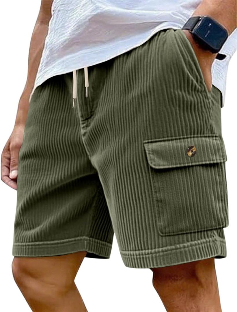 Mens Cargo Shorts Casual Drawstring Elastic Waist Corduroy Summer Beach Shorts with Pockets (White, XL)
