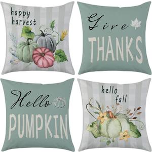 Fall Throw Pillow Covers 18x18 Autumn Give Thanks Pillow Case Set of 4 Hello Pumpkin Happy Harvest Thanksgiving Outdoor Cushion Cases for Sofa Couch (Blue)