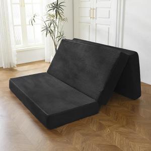 BYBYME Tri-Folding Corduroy Mattress, 6 Inch Gel Folding Mattress Topper, Foldable Soft Guest Bed Camping Pad, Washable Cover (Black, Full)