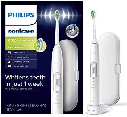 PHILIPS Sonicare ProtectiveClean 6100 Rechargeable Electric Toothbrush, with Pressure Sensor, 3 Cleaning Modes, SmarTimer and QuadPacer, 14-Day Battery Life, Travel Case, White, Model HX6877/21