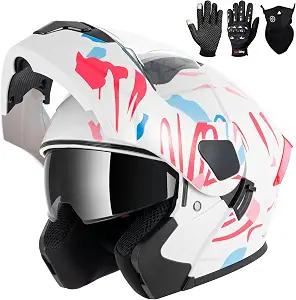Adult Modular Motorcycle Helmets, DOT Approved Flip up Dual Visor Full Face Helmet for Men Women Moto ATV UTV Snowmobile ADV Four Wheeler Street Bike with Gloves & Mask (Pink Blue White, S)