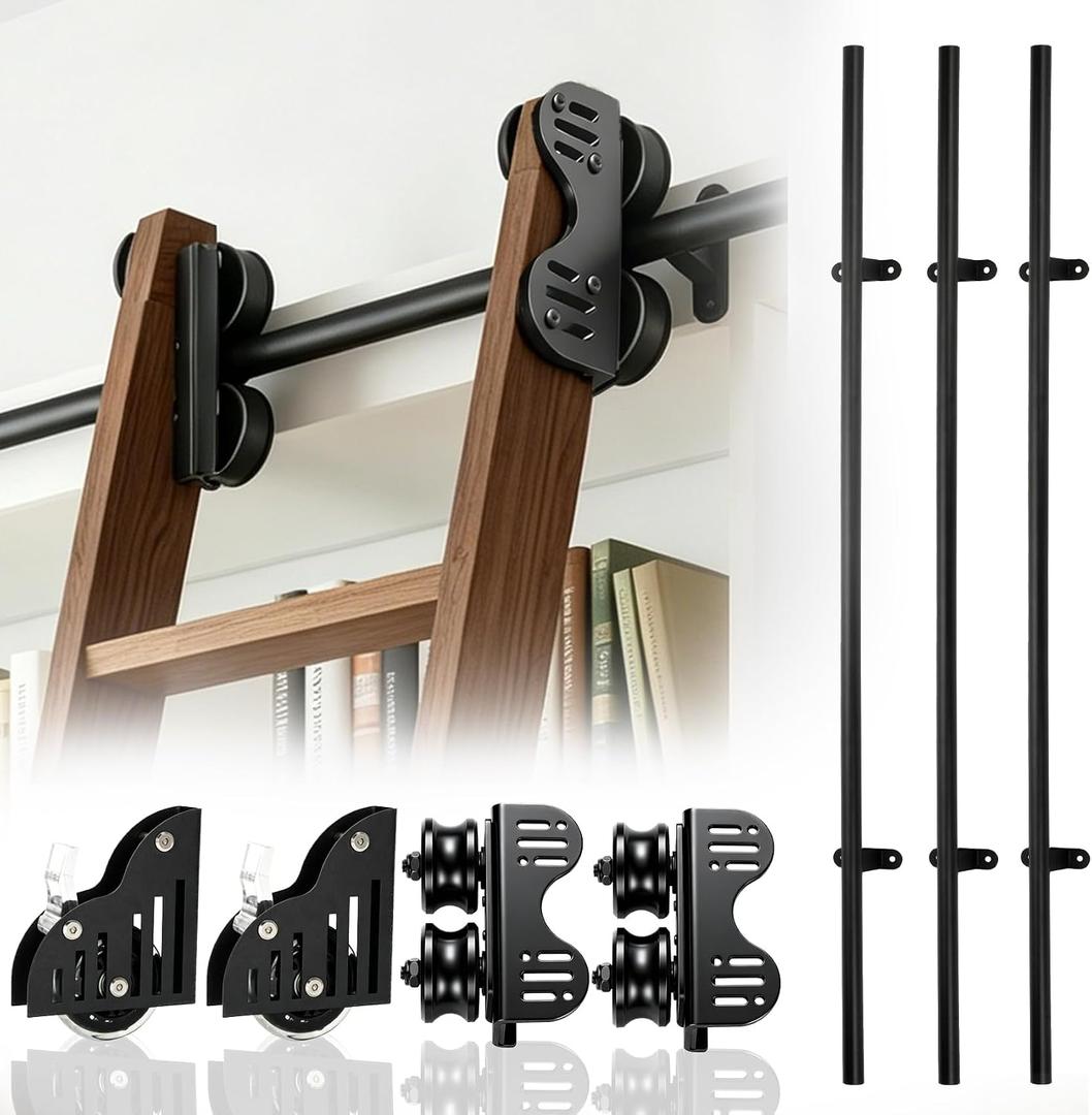 12FT Sliding Library Ladder Hardware Kit, Upgraded Rolling Hardware | Heavy Carbon Steel, 350lb Capacity, Telescopic Roller, PU Floor Roller with Brake, Matte Black (No Ladder)