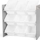 Humble Crew Toy Storage Organizer with 9 Removable Storage Bins for Kids Playroom, 3-Tier Toddler Toy Organization and Storage, Grey/White