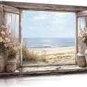 Farmhouse Coastal Window View Canvas Wall Art, Vintage Floral Vase Window Painting Picture Wall Decor, Rustic Seaside Print Artwork for Living Room Bedroom Bathroom Home Decoration, 20x40 Inch Framed
