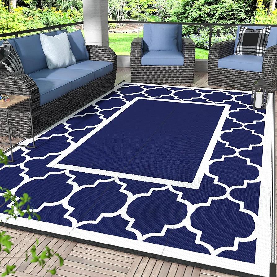 GENIMO 6' x 9' Outdoor Rug Waterproof for Patio Decor, Foldable Reversible Plastic Straw Area Rugs Mat for Camper, Outside Carpet for Rv, Deck, Porch, Picnic, Beach, Balcony, Blue & White