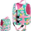 Pottwal Swim Vest for Kids - Swim Jacket - Made of Neoprene & EPE - with Adjustable Crotch Strap (Small, Green Flowers)