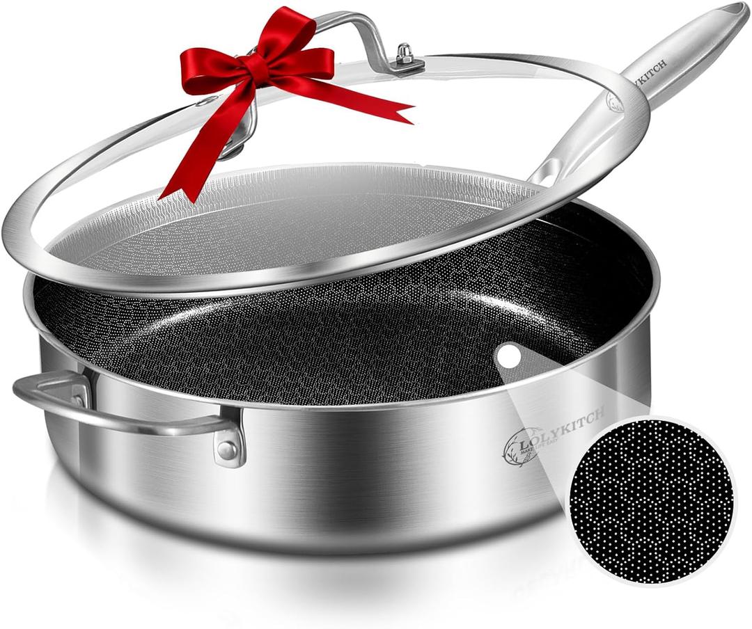 LOLYKITCH 6 QT Hybrid Tri-Ply Stainless Steel Non-Stick Saut Pan with Lid,12 Inch Deep Frying Pan,Large Skillet, Jumbo Cooker, Induction Pan, Oven Safe and Detachable Handle 