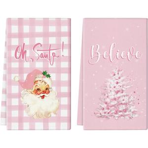 GAGEC Christmas Kitchen Towels Pink Buffalo Plaid Santa Tree 18x26 Inch Set of 2 Dish Towels Hand Towels Kitchen Bathroom Seasonal Home Decoration