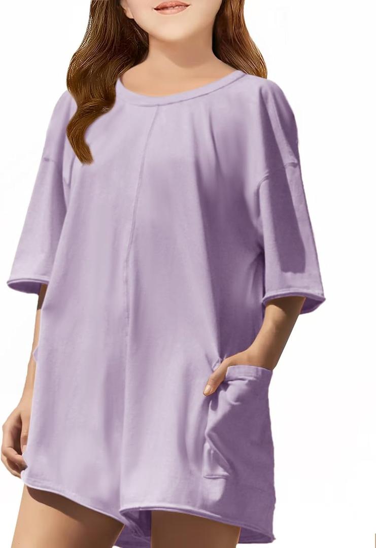 Girls Summer Casual Romper Short Sleeve Oversized Jumpsuit Kids Shorts Teens Fashion Cothes (11-12 Years, Purple)