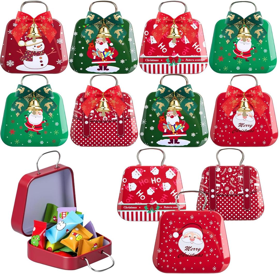 BrightRow 12 Sets Mini Suitcase Christmas Candy Box Tin with Bows Party Favor Tinplate Small Cookie Treat Biscuits Boxes for Christmas Wedding Jewelry Coin Holiday Gifts