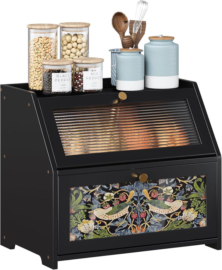 Trironsun Bamboo Bread Box for Kitchen Counter Black Bread Storage Container with Acrylic Door William Morris Flower Bird Design Farmhouse Breadbox Organizer (Black, 2 Layer)