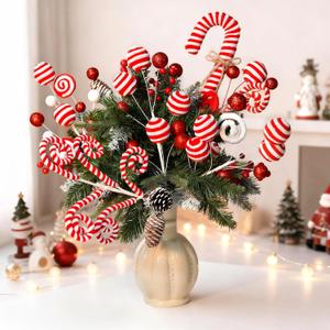 5pcs Candyland Christmas Tree Picks Candy Cane Tree Topper, Red and White Christmas Tree Decorations with Glitter, Curly Lollipop Candy Picks for Xmas Holiday Wreath Vase Party Decor