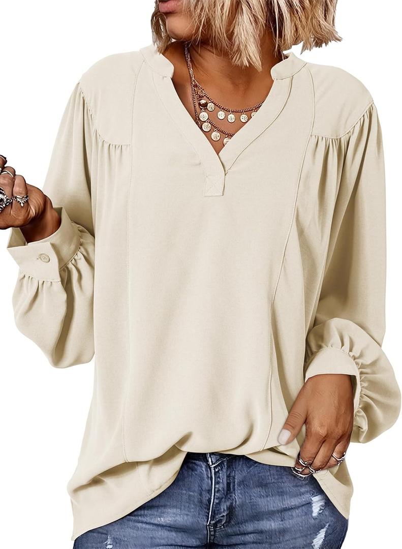 Dokotoo Womens Blouses Tops for Women Trendy V Neck Smocked Blouses for Women Dressy Casual Long Sleeve Shirts for Women (XX-Large, White)