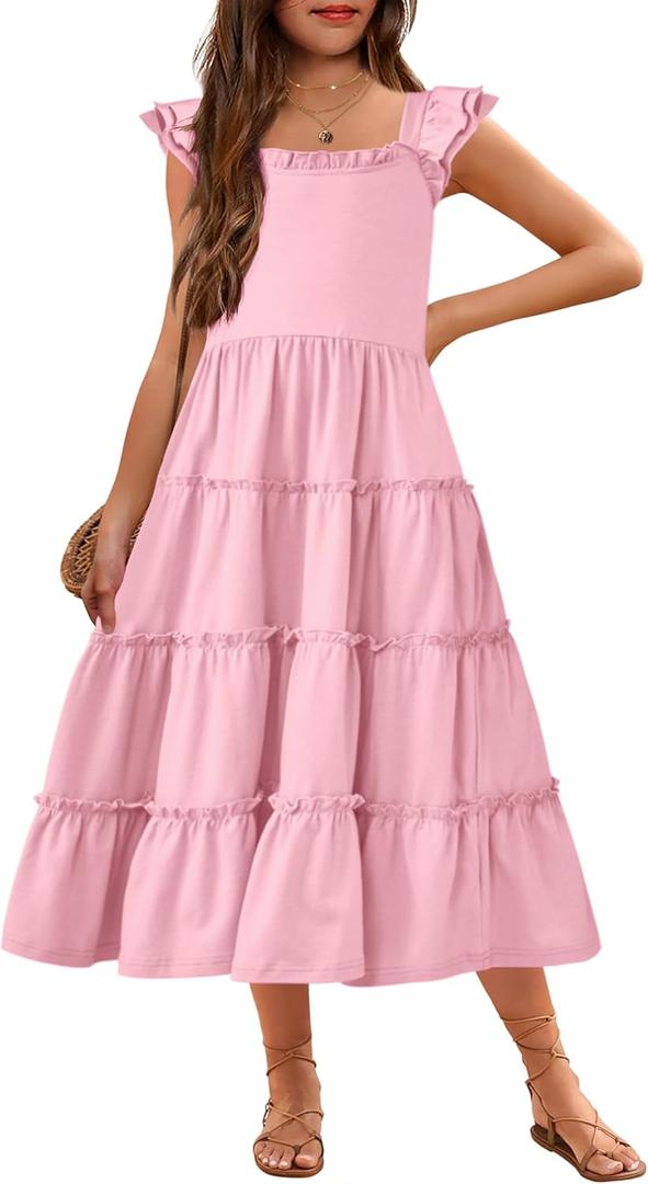 Arshiner Girls Maxi Summer Short Flutter Sleeve Casual Dress with Pockets for 180
