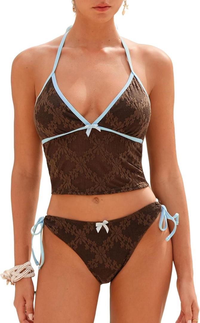 ZAFUL Women's Tankini Sets Halter String Tie Side Thong V Neck Bathing Suit Bowknot Lace Textured 2 Piece Swimsuit (L)
