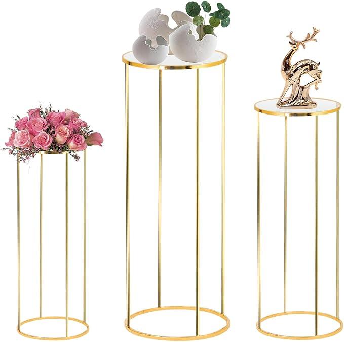 3PCS Cylinder Pedestal Stands for Parties, Gold Metal Plant Round Cylinder Stands for Party Flowers, Display Columns Pedestal Stand Cylinder Tables for Vases Birthday Party Backdrop Decorations