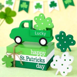 8 Pcs St Patricks Day Decorations, St. Patrick's Day Tiered Tray Decor-Wooden Truck Book Stack Shamrocks Table Sign Irish Lucky Mantel Centerpiece Happy Saint Patricks Day Decorations for Home Office