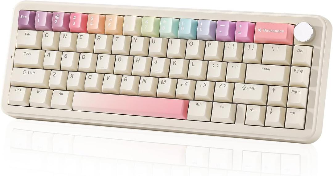 YUNZII B68 Wireless Mechanical Keyboard,Tri-Mode BT5.0/2.4GHz/USB-C,Cute PBT Keycaps,Hot Swappable Creamy Typing Gasket Mounted,RGB Backlit NKRO for Win/Mac (Beige, Milk V2 Switch)
