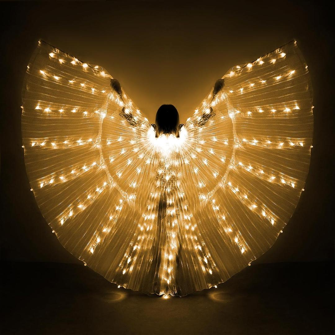 iMucci LED Lights Belly Dance Isis Wings - Bellydance Glow Angel dance Wings with Telescopic Sticks Flexible Rods for Adults and Child Yellow