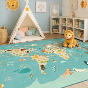 Washable Kids Playroom Rug 5x7 Play Rug for Preschool Toddlers, Baby Girls, Educational with Cute Animals Non-Slip, Stain Resistant, Soft & Safe for Bedroom, Play Room and Classroom - Blue