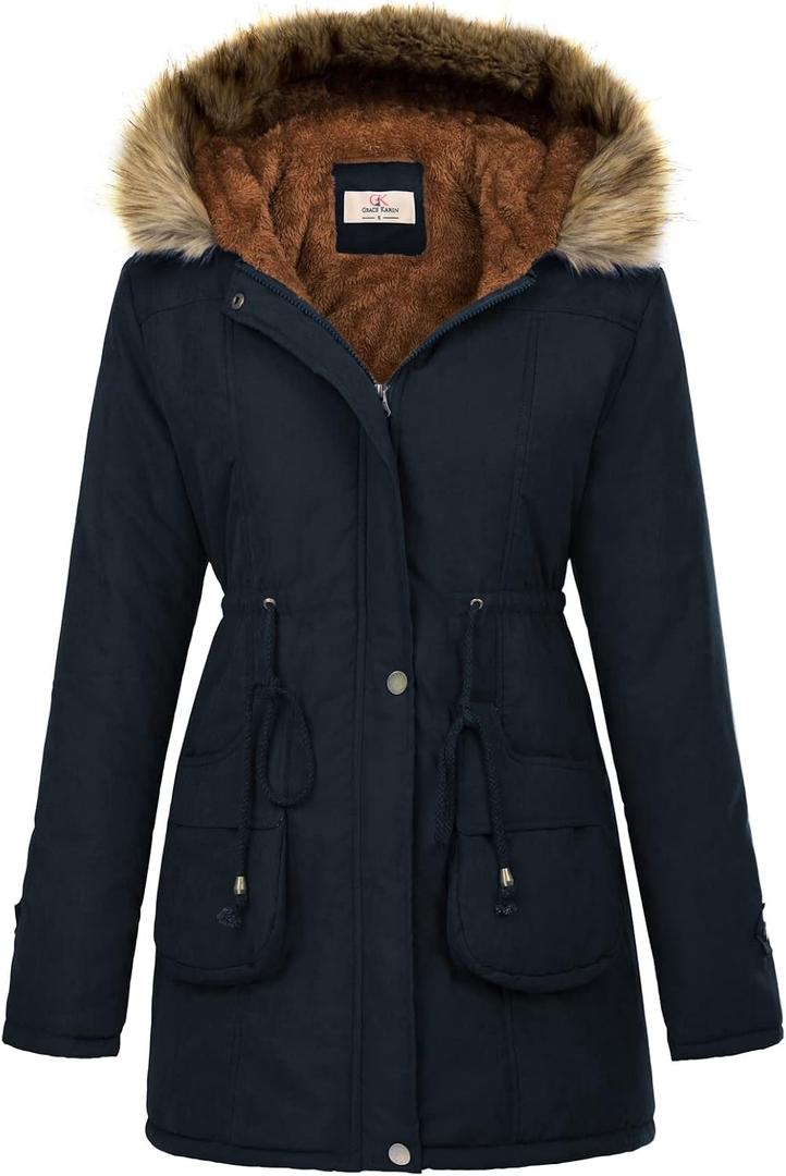 GRACE KARIN Women's Winter Coats Fleece Parkas Anoraks Hooded Military Jacket Coats, Size M