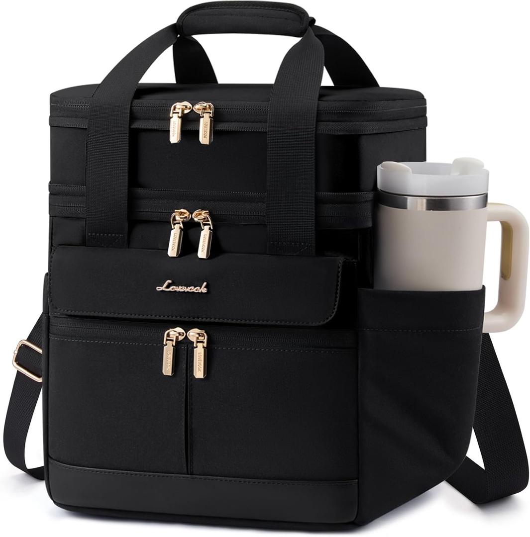 LOVEVOOK Insulated Lunch Bag Women Men,Expandable Double Deck Lunch Box for Women With Large Cup Holder,Leakproof Cooler Bag For Adult Lunch Tote Bag Work Picnic Beach with Adjustable Shoulder Strap (Black)