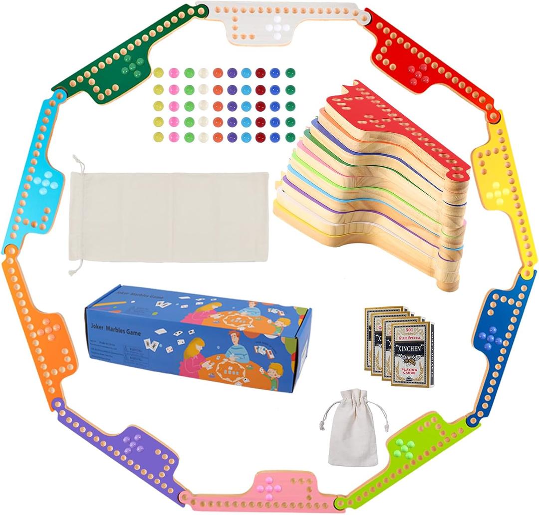 Colorful Jokers and Marbles Board Game Pegs and Jokers Card Game for 2-10 Players 10 Solid Wood Game Boards 10 Colors 50 Marbles 4 Decks of Cards Full Size Game Set (10 Players-10 Colors)
