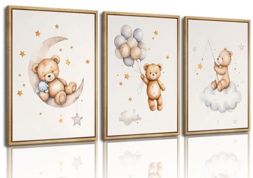3Pcs Teddy Bear Nursery Wall Art Bear Sleeping on The Moon and Stars Wall Decor Pictures Balloon Cloud Neutral Canvas Poster Prints for Kids Baby Room Kindergarten Home Decoration 12x16in Unframed