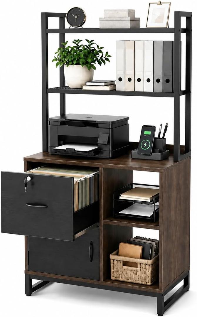 Homieasy Vertical Filing Cabinet with Bookshelf for Home Office, Walnut, 57.9 in. H x 27.6 in. W x 15.8 in.D