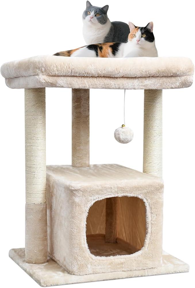 SYANDLVY 27" Cat Tree for Indoor Cats, Activity Tower with Scratching Posts, Modern Kitten Condo with Plush Perch & Hanging Ball for Play, Beige