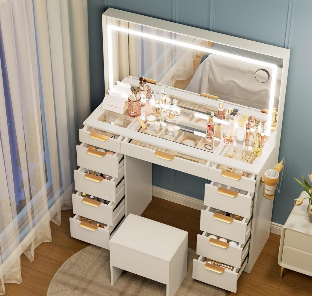 Pamapic Glass Top Vanity Desk with Mirror and Lights, 11 Drawers Makeup Vanity with Charging Station and Chair, Golden Handles Dressing Table, 3 Lighting Modes Makeup Table, White