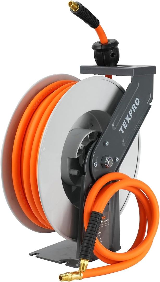 Retractable Air Hose Reel, 3/8 IN x 50FT Hybrid Air Hose Max 300 PSI, Air Compressor Hose Reel with 5 ft Lead in, Ceiling/Wall Mounted Air Hose Reel, Heavy Duty Air Tool